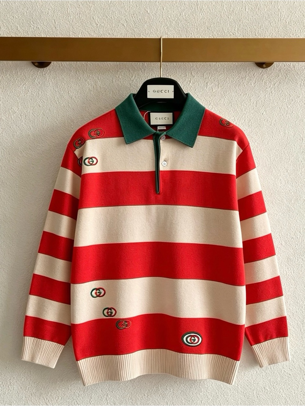 Gucci Red Cream Striped Polo Sweater with Green Collar